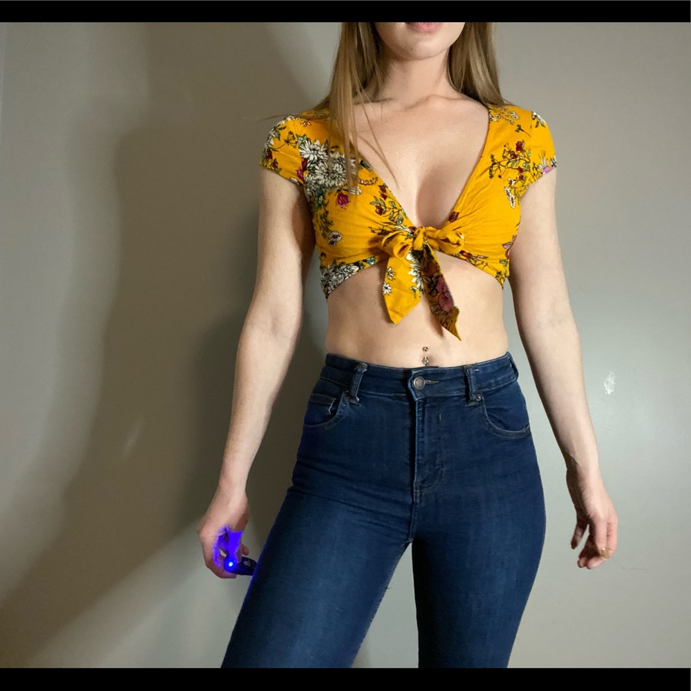 Yellow tie front crop top